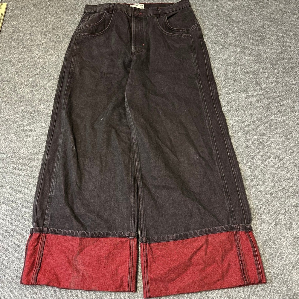 We The Free Jeans Womens Size 30 Dark Wash Red Cuff Wide Leg Relaxed Boho Denim
